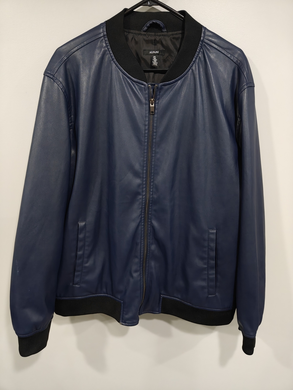 Alfani Men's Blue Leather Bomber Jacket with Black Trim XXL Like New